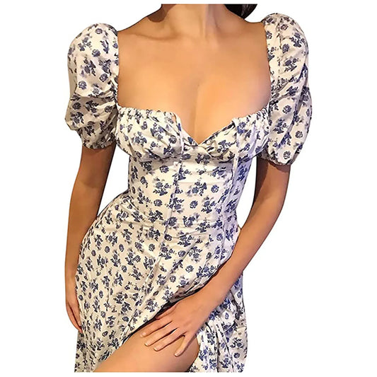 Summer Women Puff Sleeve Backless Midi Dress Vintage Floral Print Split Blue Sundress Elegant Party Beach Ladies Dress 2024