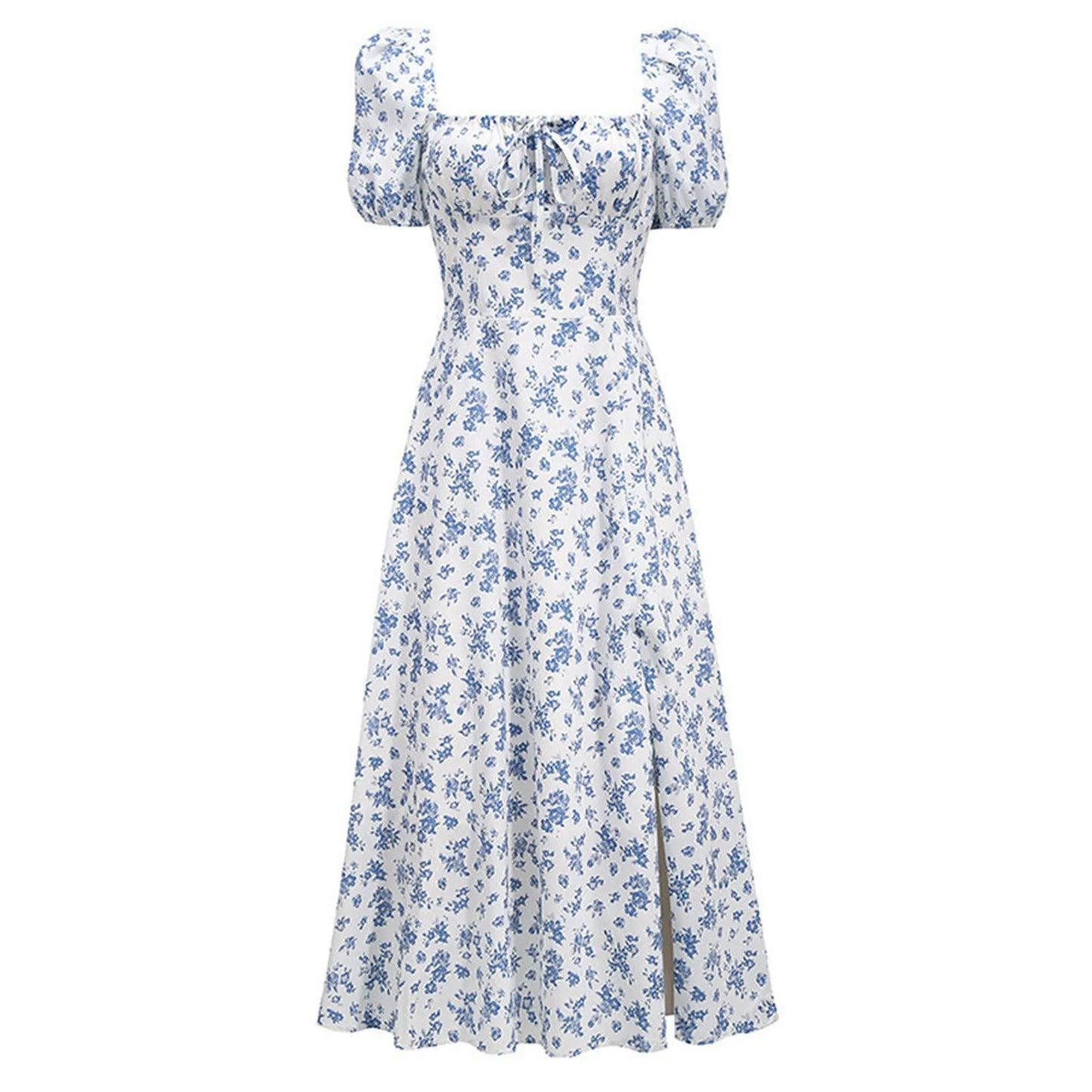 Summer Women Puff Sleeve Backless Midi Dress Vintage Floral Print Split Blue Sundress Elegant Party Beach Ladies Dress 2024