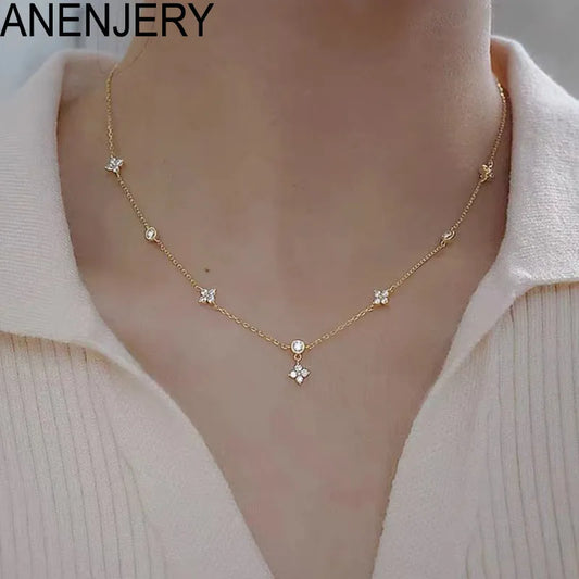 ANENJERY Inlaid Zircon Four-leaf Flower Chain Necklace for Women New Niche Light Luxury Hot Fashion collares choker Accessories